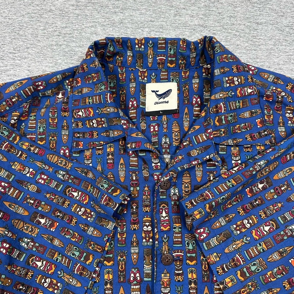 Yiume Shirt Mens Large Blue Tiki Print Loop Collar Camp Tropical Button Up